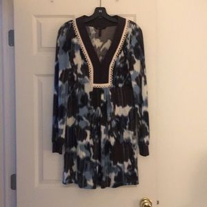 BCBG dress, blue, cream, brown pattern. Like new.
